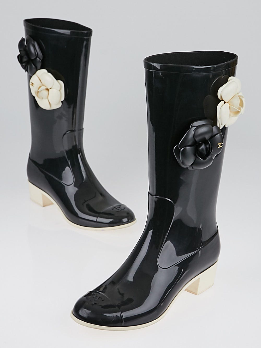 Chanel Black Rubber Camellia Flower Rain Boots Size 6.5/37 - Yoogi's Closet