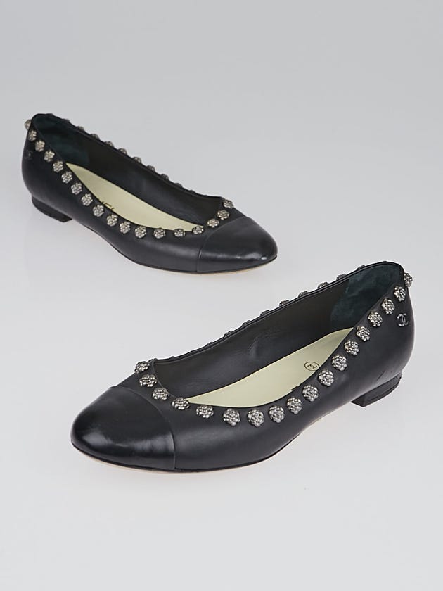 Chanel Black Leather Cap Toe Camellia Studded Ballet Flats Size 7/37.5