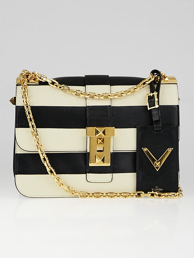 Valentino Black and Ivory Striped B-Rockstud Flap Bag