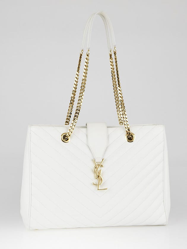 Yves Saint Laurent White Chevron Quilted Leather Monogram Tote Bag