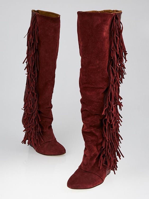 Isabel Marant Bordeaux Suede Manly Fringe Knee-High Wedge Boots Size 6.5/37