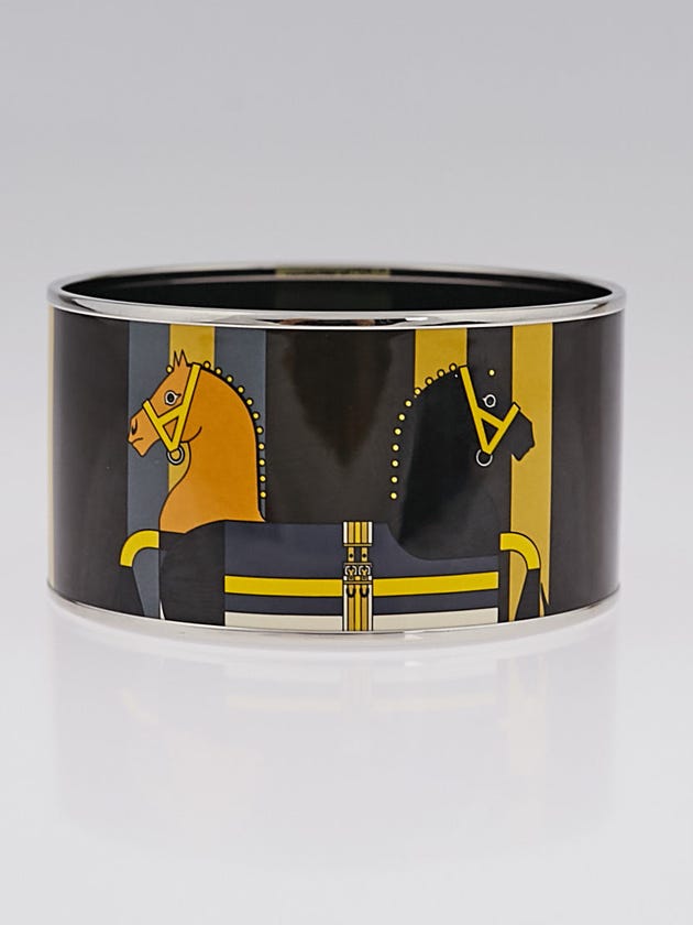 Hermes Nouveau Rocabar Printed Enamel Palladium Plated Extra Wide Bangle Bracelet Size 70