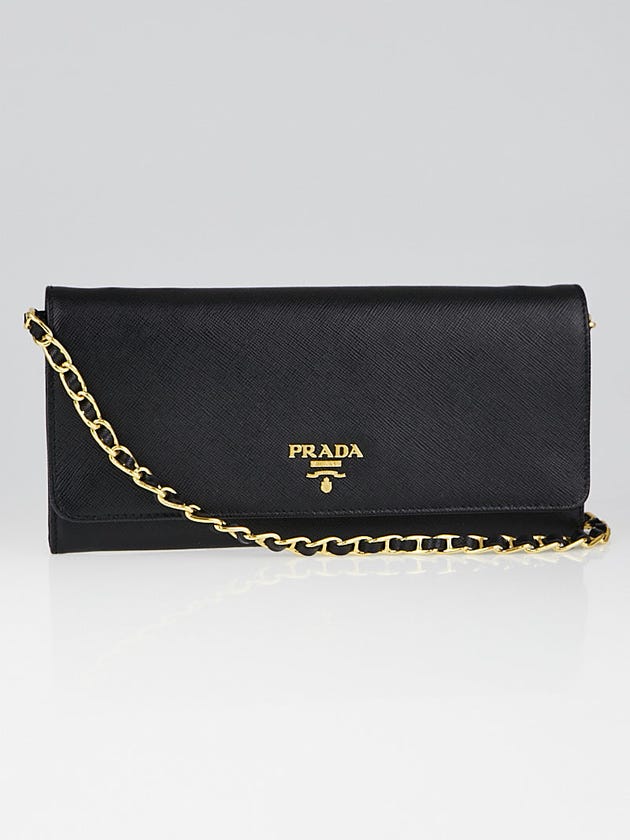 Prada Black Saffiano Metal Leather Wallet on Chain Clutch Bag 1M1290