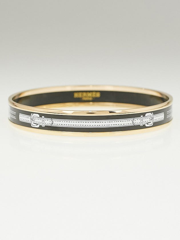Hermes Black Printed Enamel Gold Plated Narrow Bangle Bracelet