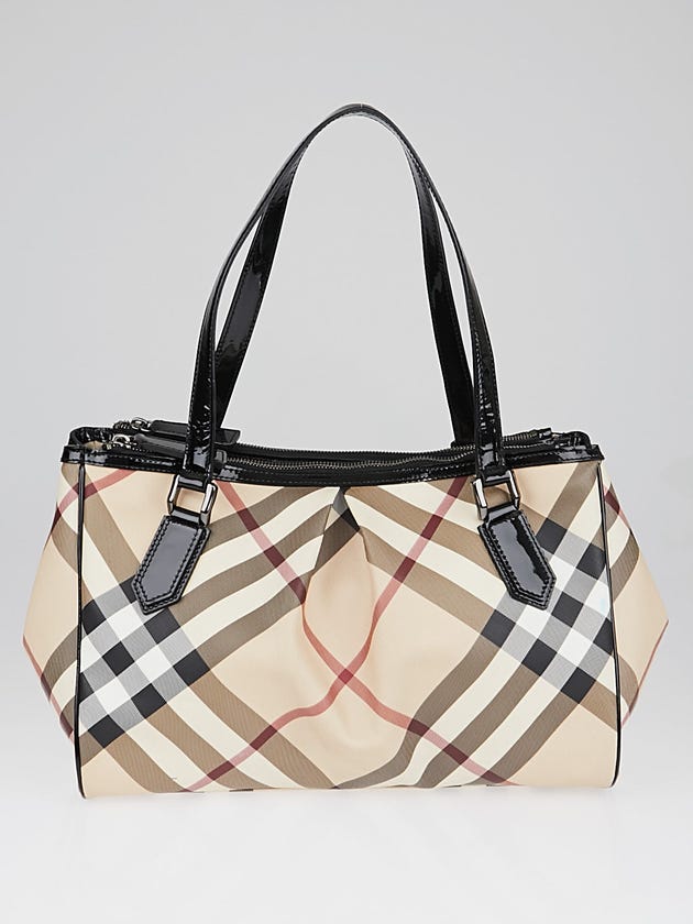 Burberry Black Patent Leather Supernova Check Coated Canvas Bag
