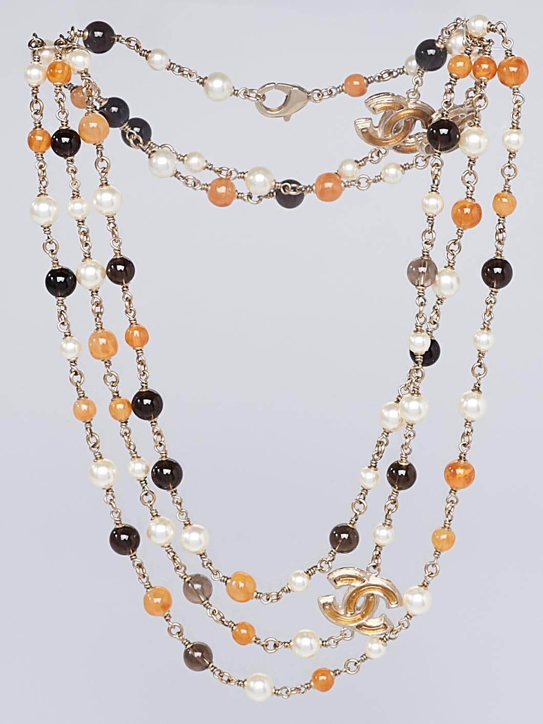 Chanel Brown, Orange, Faux Pearl Beaded CC Long Necklace - Yoogi's Closet
