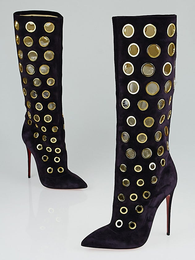 Christian Louboutin Purple Suede Goldtone Eyelet Apollo 100 Knee High Boots Size 7.5/38