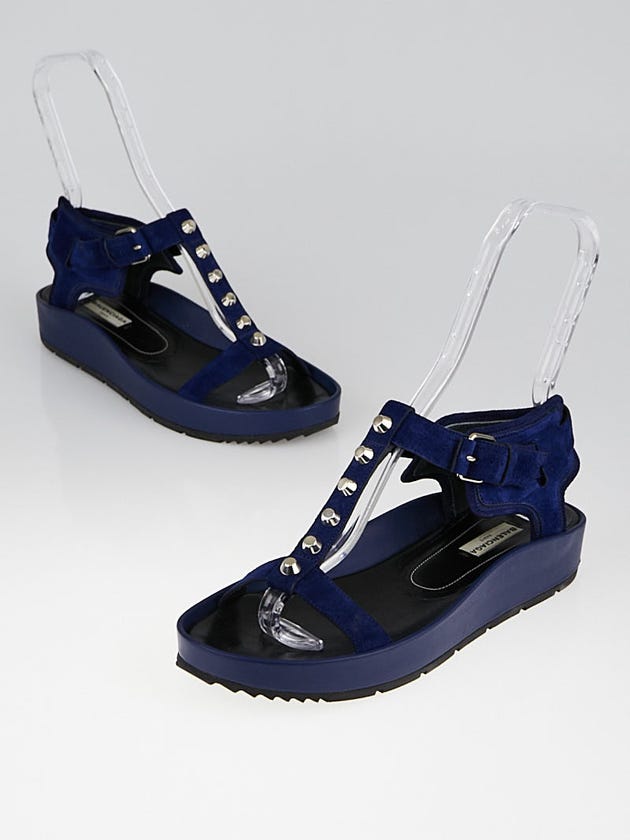 Balenciaga Blue Officier Suede and Leather Studded Platform Sandals Size 9.5/40