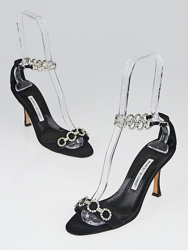 Manolo Blahnik Black Fabric and Crystal Ankle Strap Sandals Size 8/38.5