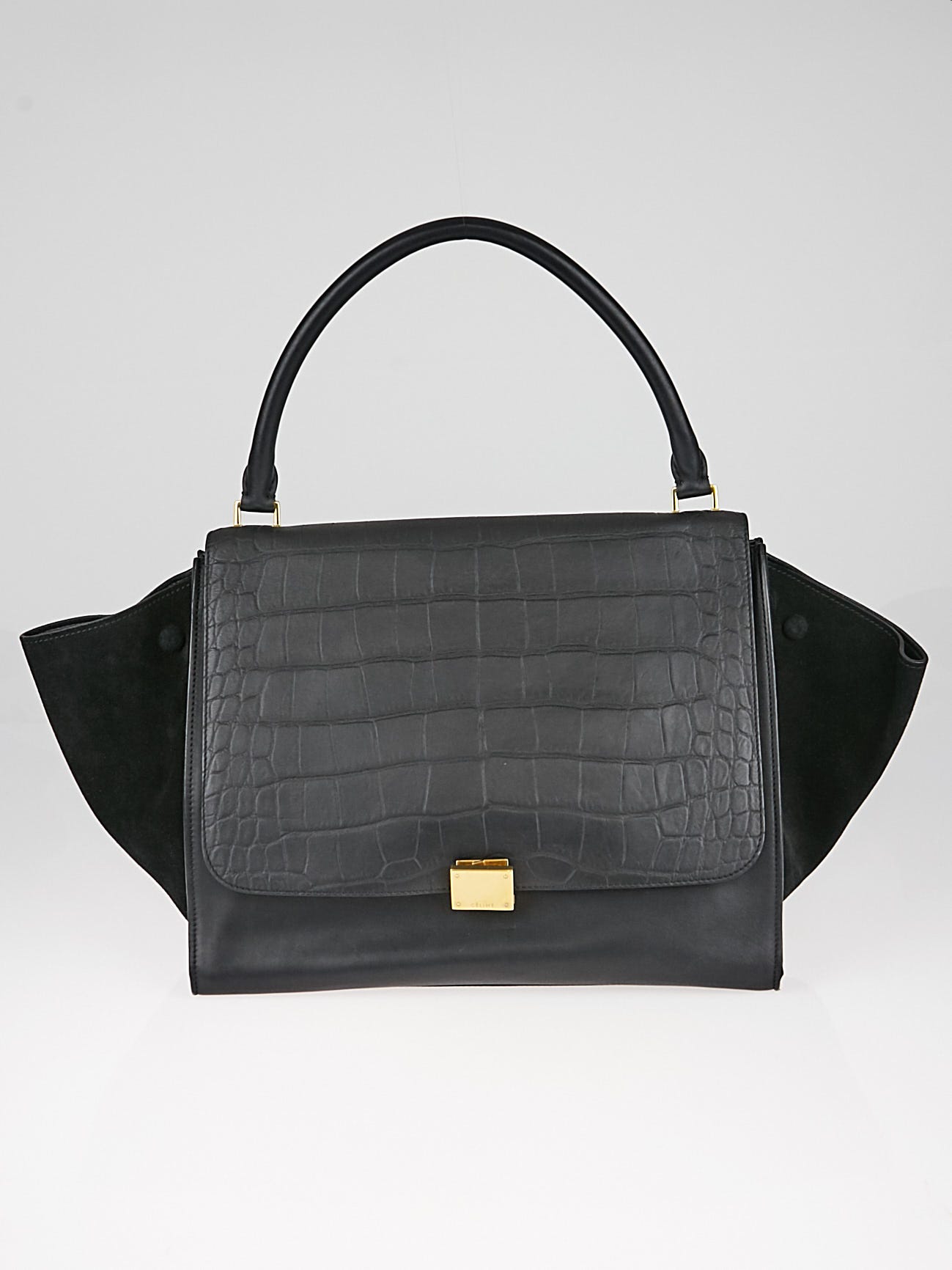 Celine Black Crocodile Embossed Leather and Suede Small Trapeze Bag