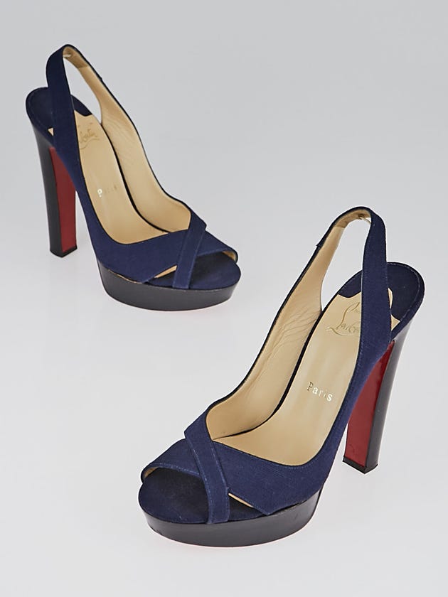 Christian Louboutin Navy Blue Canvas and Wood Platform Slingbacks Size 8/38.5