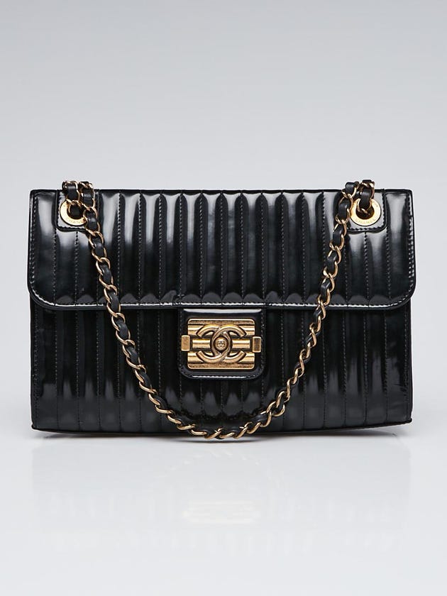 Chanel Black Vertical Quilted Patent Leather Medium Boy Flap Bag