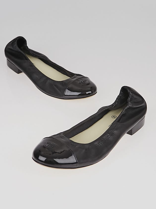 Chanel Black Leather and Patent Leather Elastic Ballet Flats Size 9.5/40