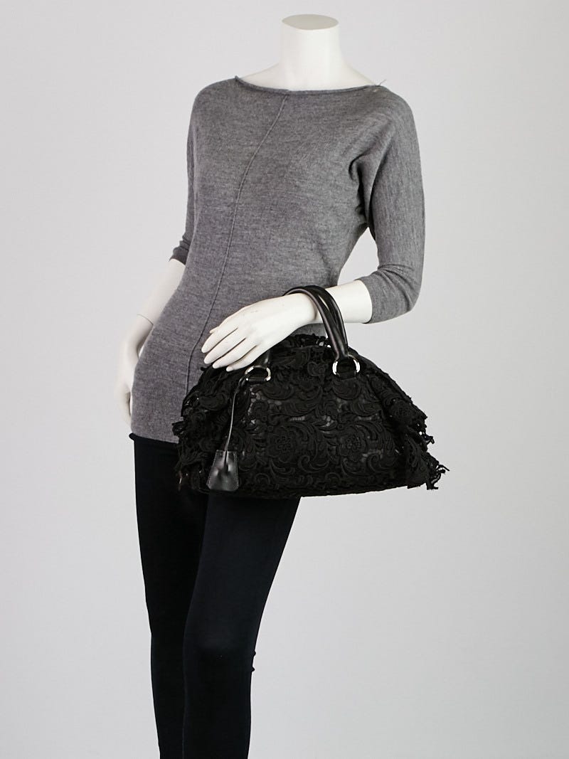 Prada Black Lace and Leather Pizzo S Satchel Bag BL0547 | Yoogi's