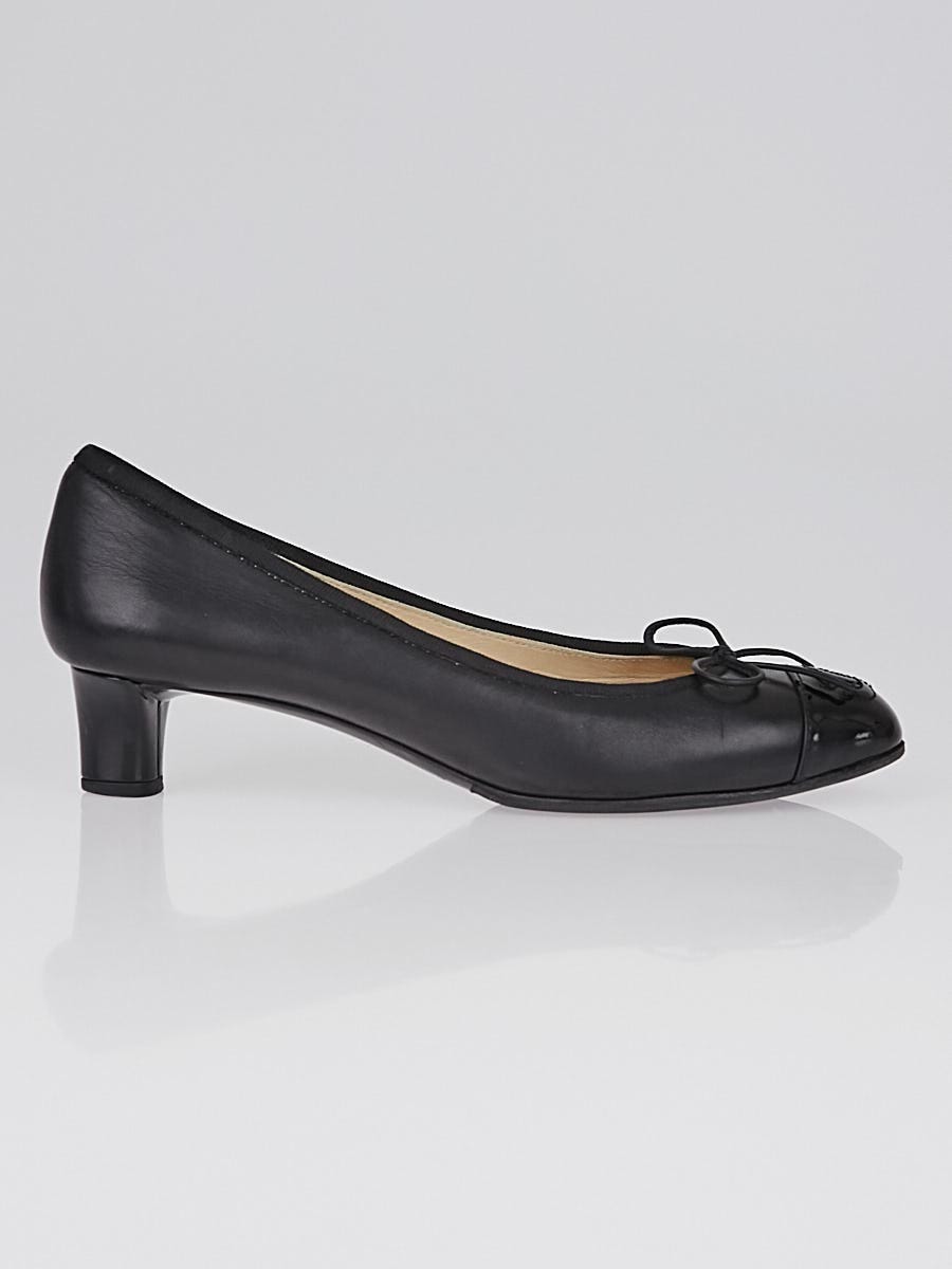Chanel Black Leather and Black Patent Leather CC Cap Toe Low Heel