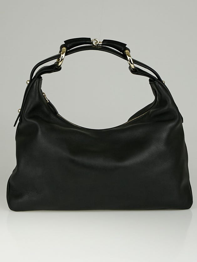 Gucci Black Leather Horsebit Chain Medium Hobo Bag