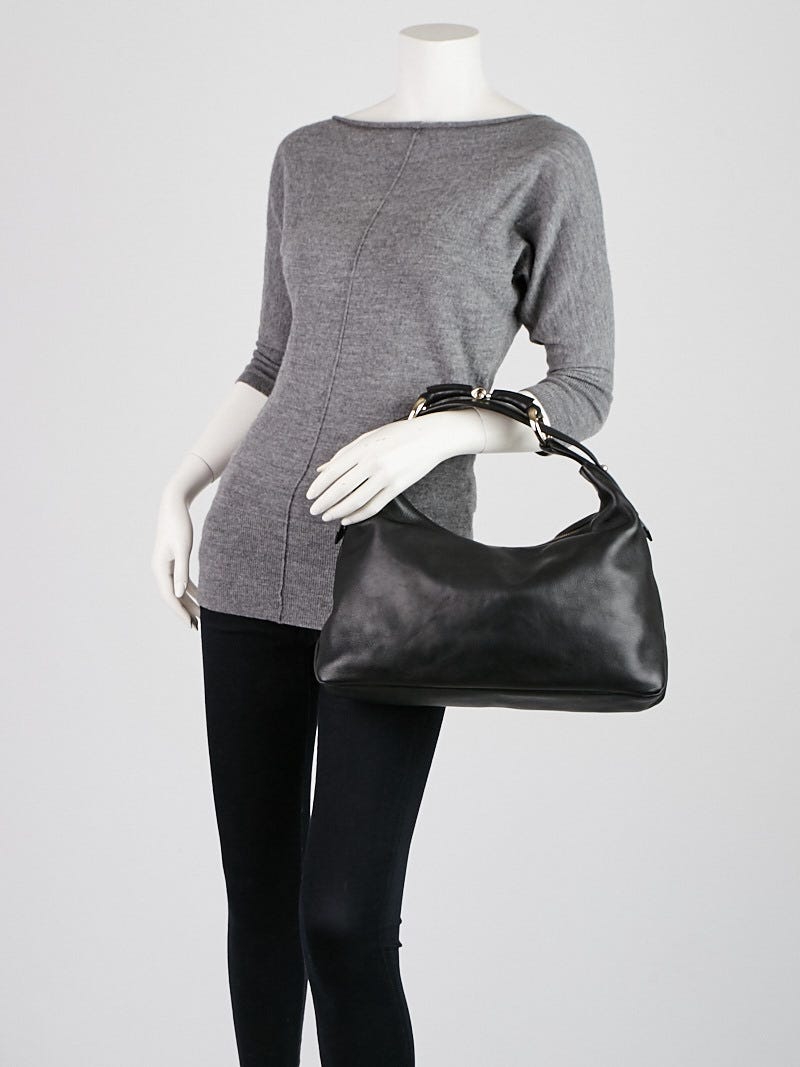 Gucci Black Leather Horsebit Hobo Bag with Silver Hardware.