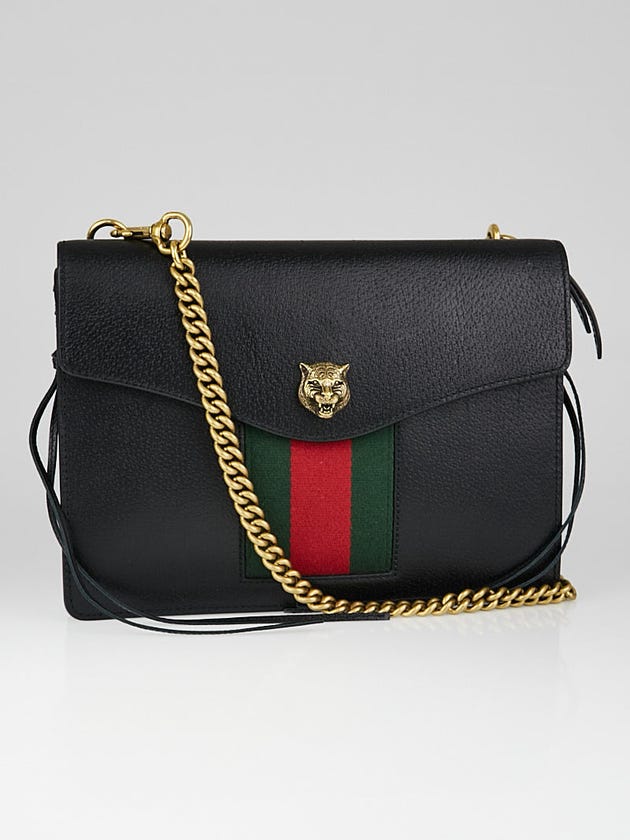 Gucci Black Leather Animalier Vintage Web Chain Shoulder Bag
