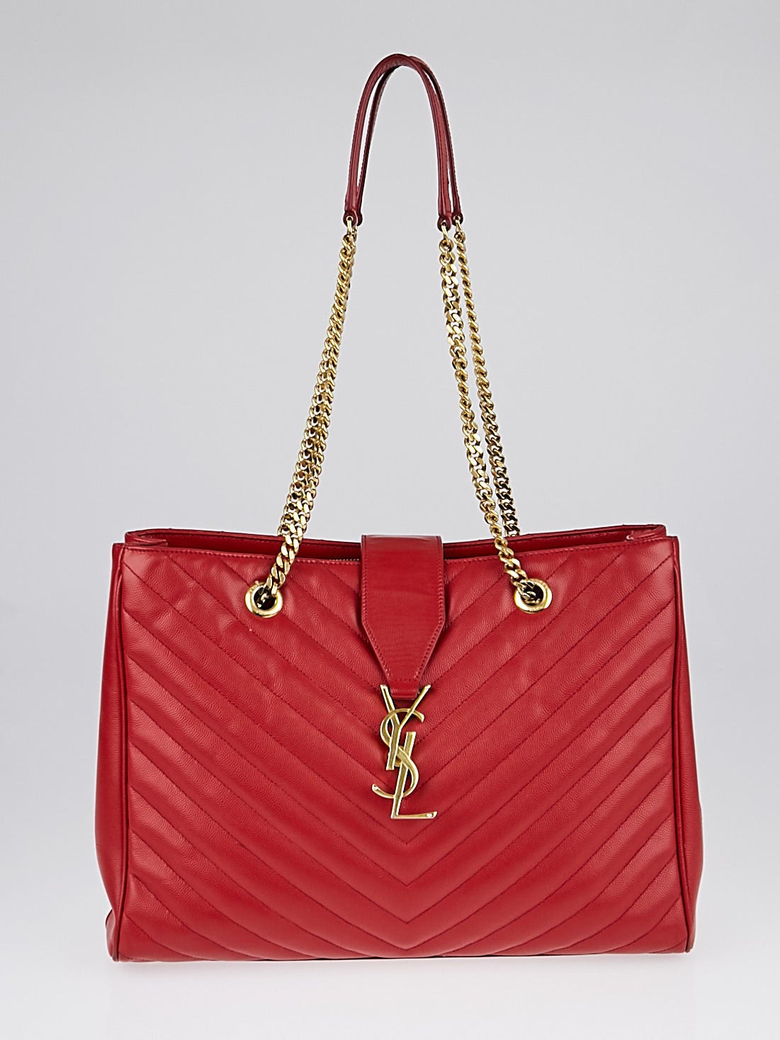 Yves Saint Laurent Red Quilted Grained Leather Monogram Chain Bo