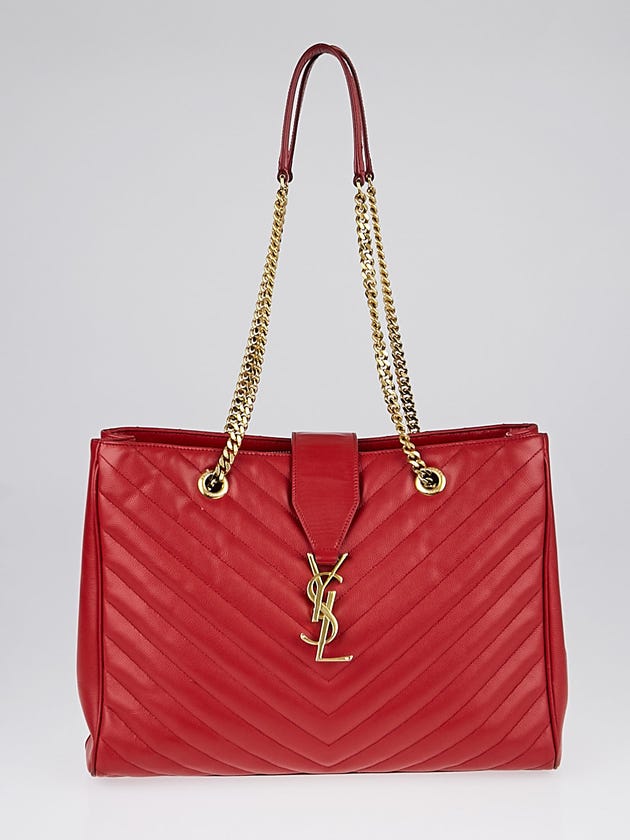 Yves Saint Laurent Red Quilted Grained Leather Monogram Chain Bo Cassandre Tote Bag