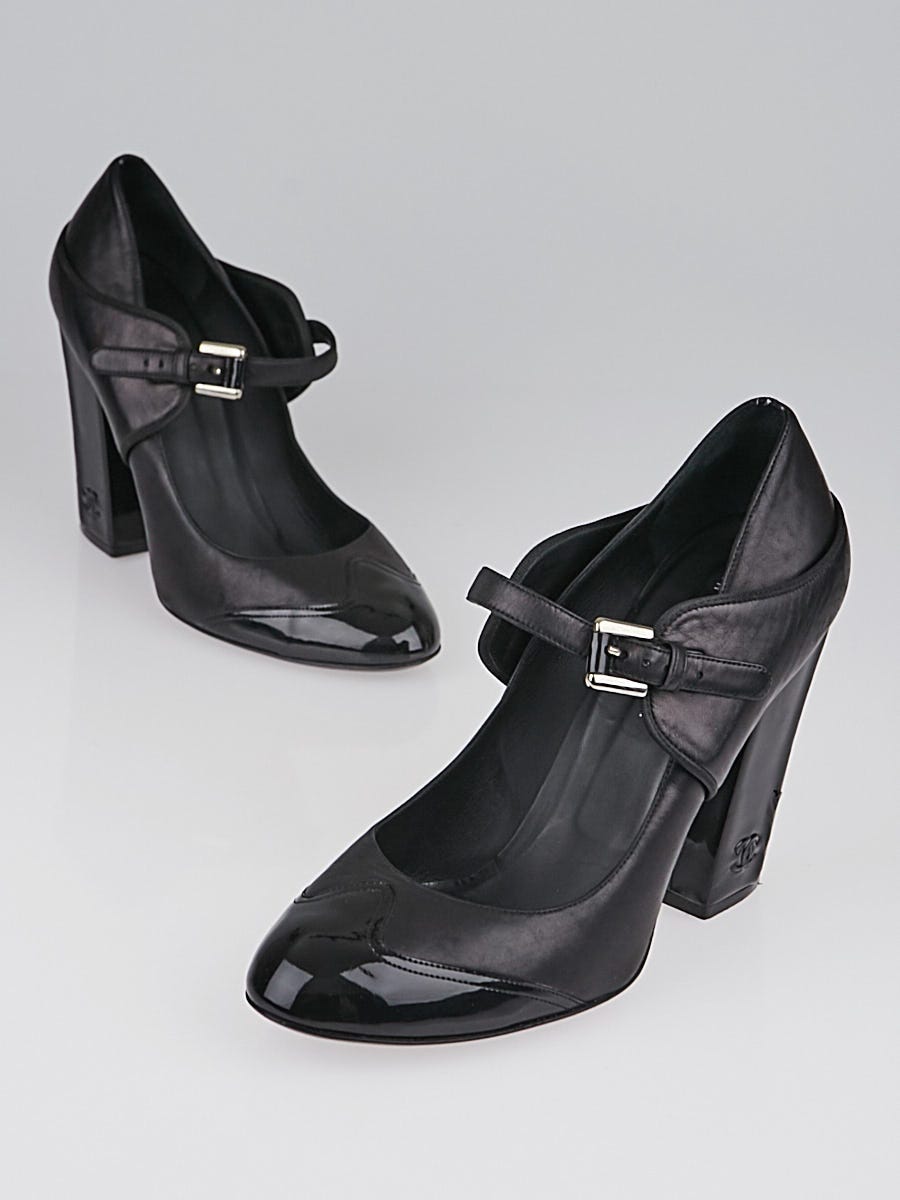 Chanel Black Leather and Patent Leather Cap Toe Mary-Jane Heels