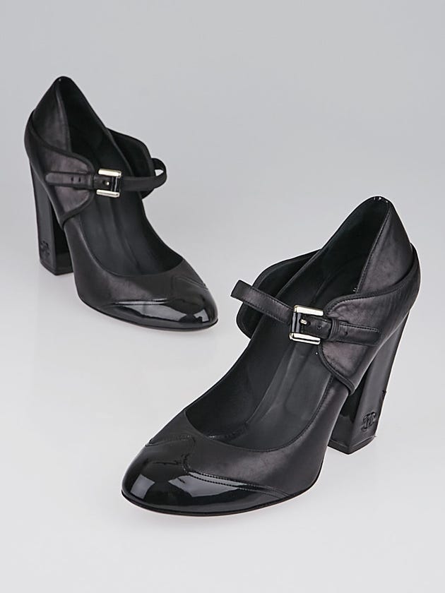 Chanel Black Leather and Patent Leather Cap Toe Mary-Jane Heels Size 10.5/41