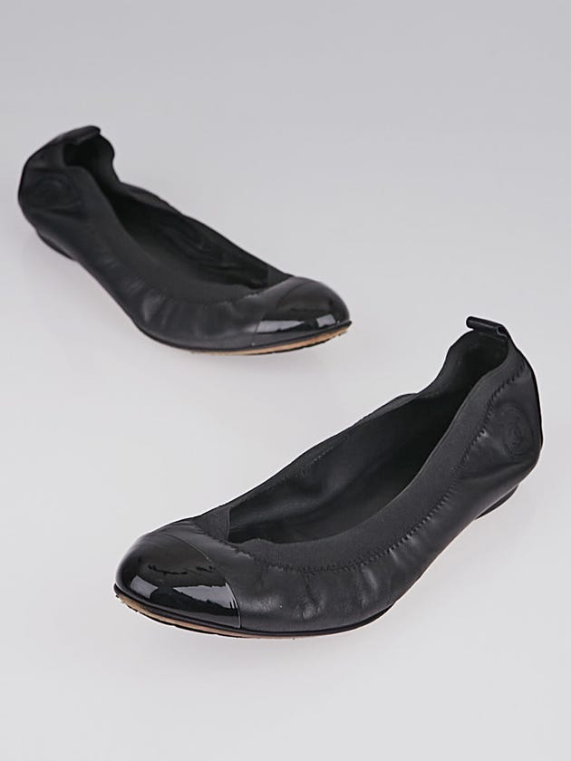 Chanel Black Leather Cap Toe Elastic Ballet Flats Size 9/39.5