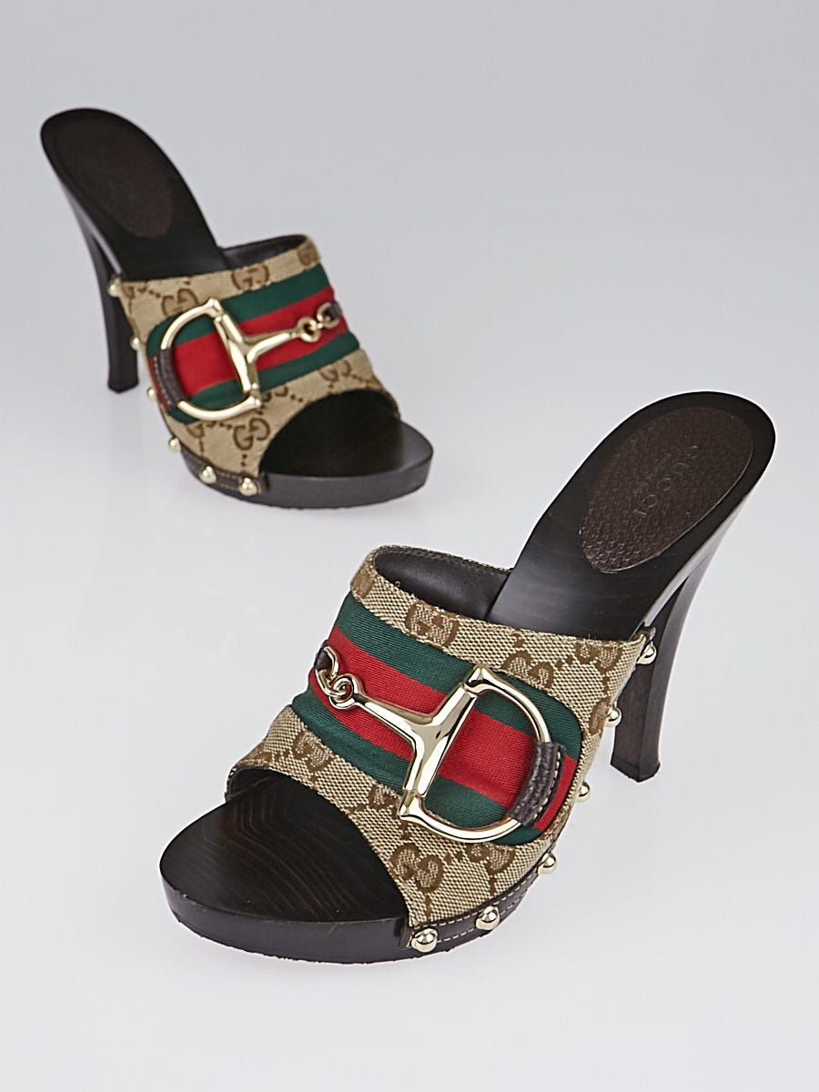 Gucci Beige/Ebony GG Canvas Vintage Web Horsebit Wood Mule Slide