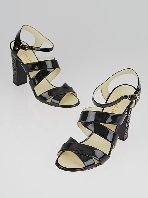 Chanel Black Patent Leather Strappy Camellia Open Toe Sandals Size 9.5/40