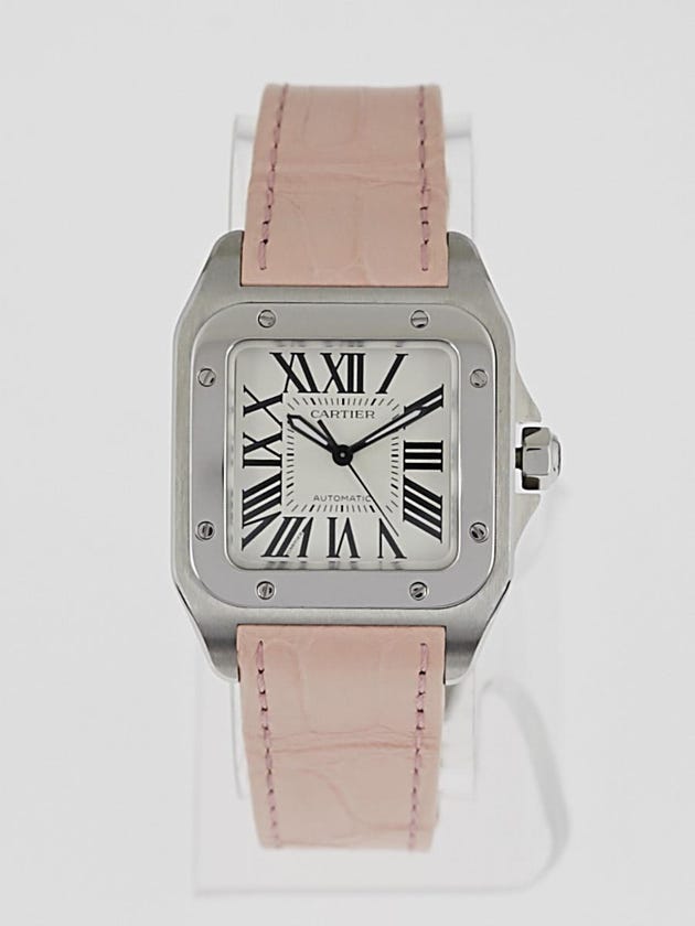 Cartier Stainless Steel and Pink Alligator Santos 100 Automatic Watch - W20126X8