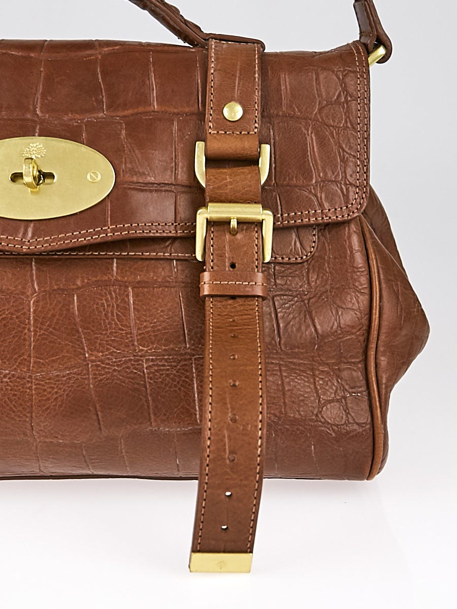 Mulberry Oak Brown Croc Embossed Leather Alexa Satchel Bag - Yoogi's Closet