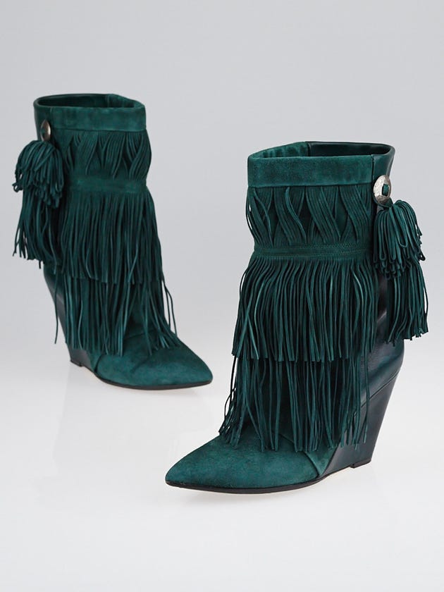 Isabel Marant Vert Suede/Leather Fringed Jacob Wedge Boots Size 6.5/37