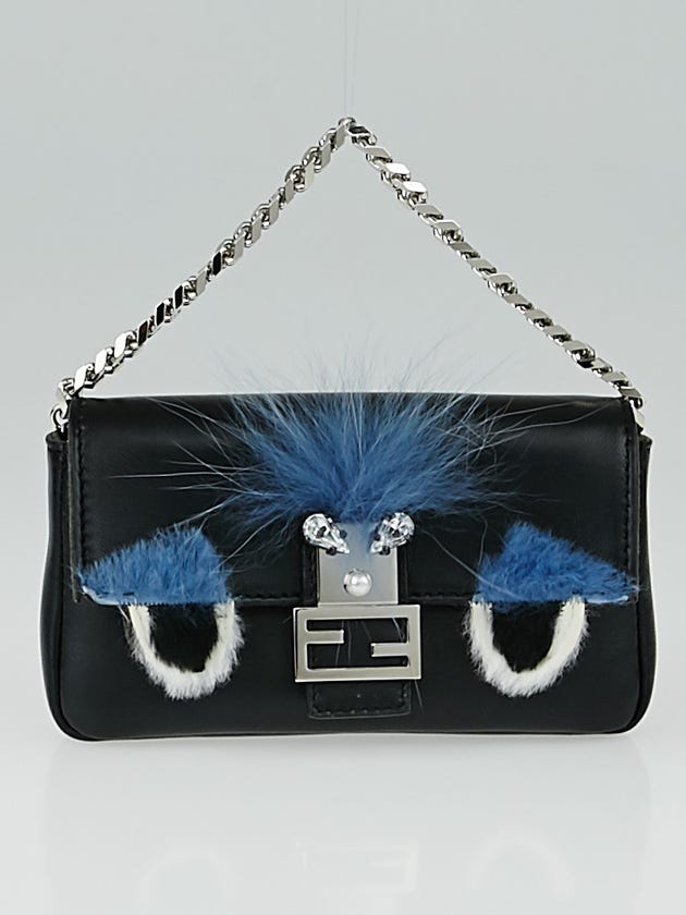 Fendi Black Nappa Leather and Fox Fur Micro Buggie Baguette Bag 8M0354