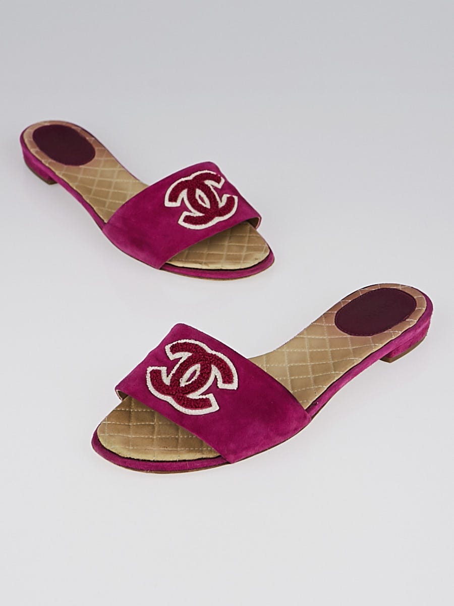 Chanel Pink Suede CC Open-Toe Slide Mules Size 8/38.5 - Yoogi's Closet