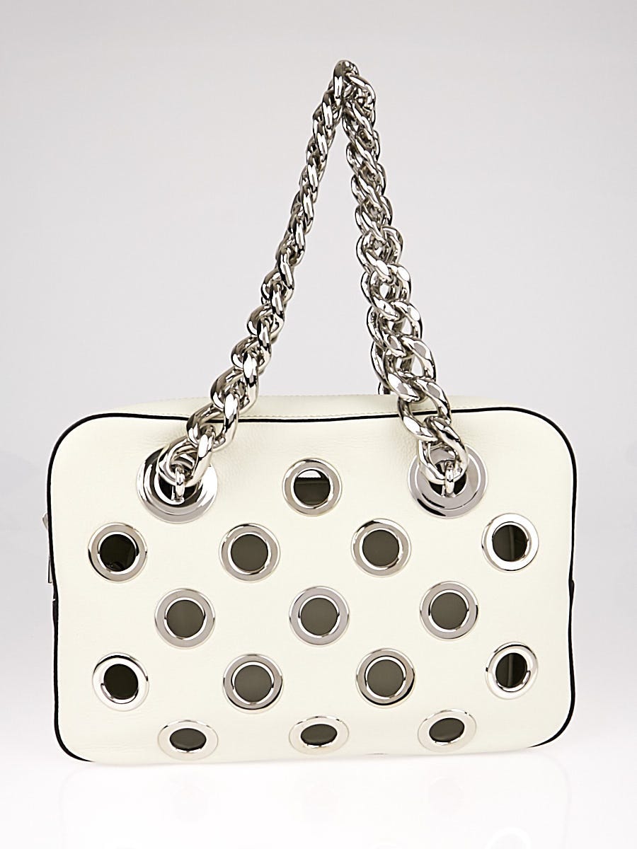 Prada White Vitello Daino Leather Grommet Shoulder Bag 1BB017