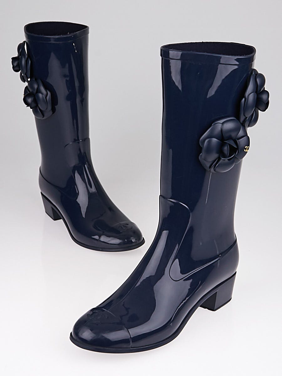 Chanel Blue Rubber Camellia Flower Rain Boots Size 8.5/39 - Yoogi's Closet