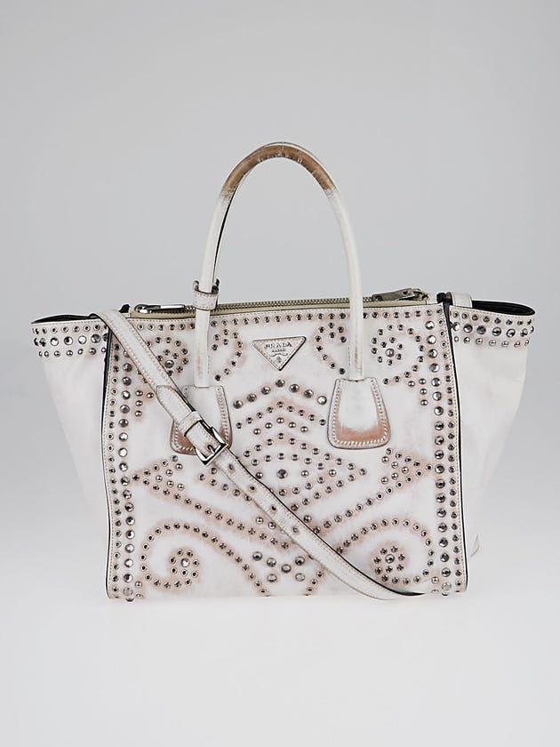 Prada White Distressed Leather Studded Twin Pocket Double Handle Tote Bag BN2762