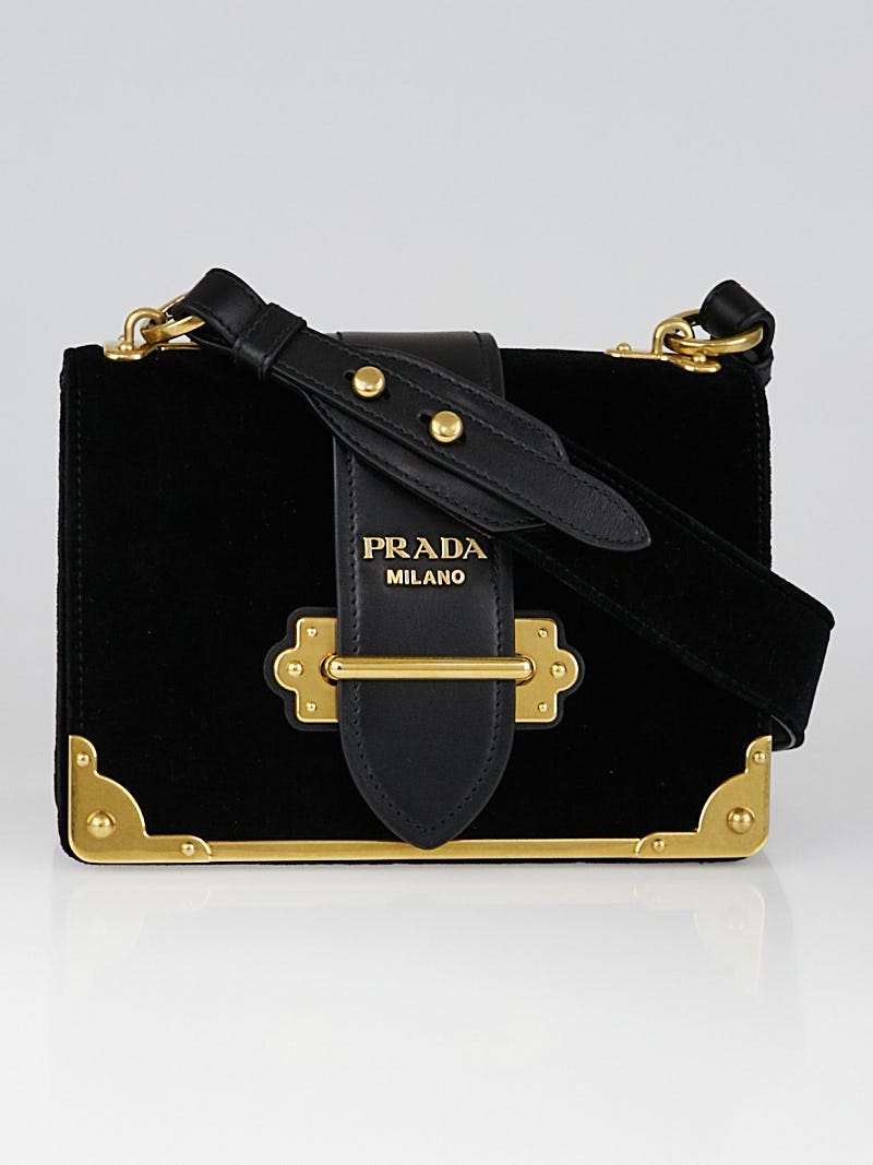 Prada Black Velvet/City Calfskin Leather Cahier Bag 1BD045 - Yoogi's Closet