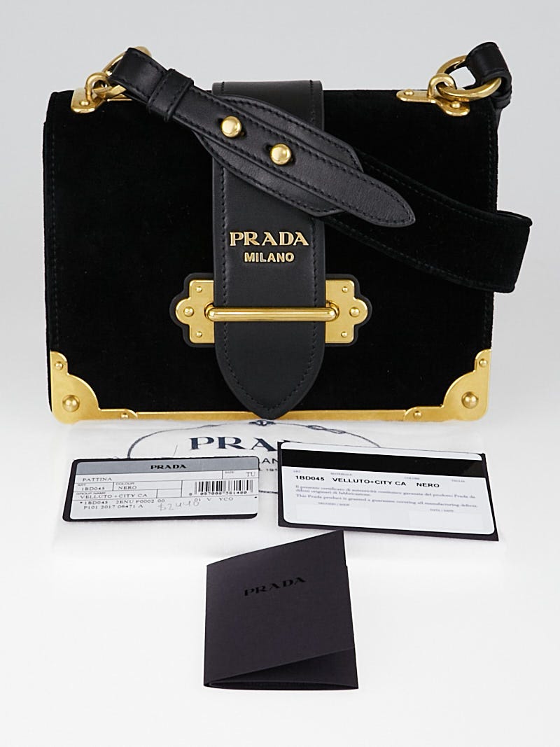 Prada Black Velvet/City Calfskin Leather Cahier Bag 1BD045 - Yoogi's Closet