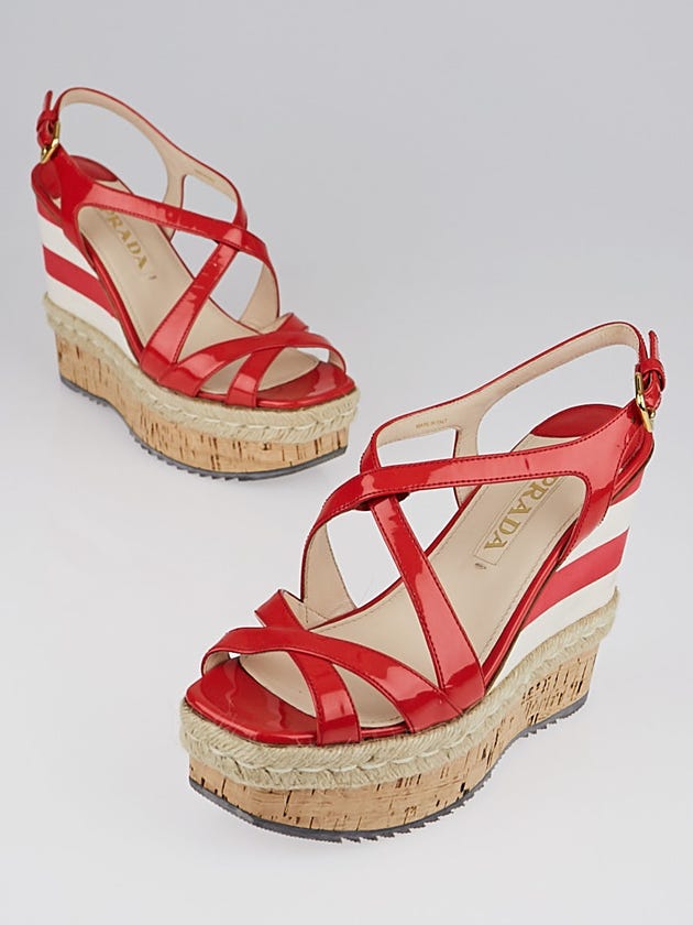 Prada Red Patent Leather and Cork Espadrille Wedges Size 6.5/37