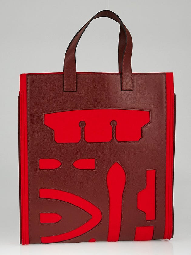 Hermes Rouge H/Rouge Vif Epsom Leather and Wool Petit H Skeleton Vertical Tote Bag