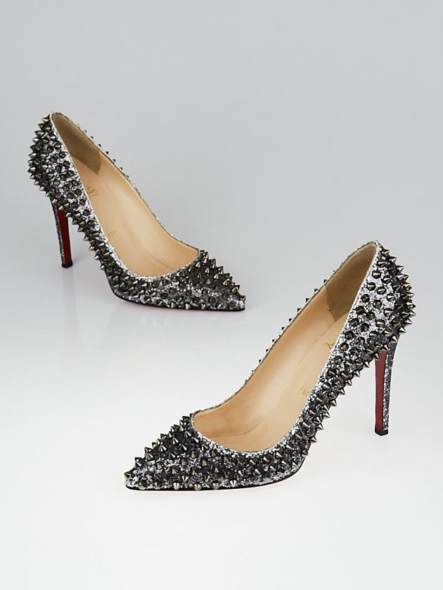 Christian Louboutin Silver Glitter Pigalle Spikes 100 Pumps Size 7.5/38