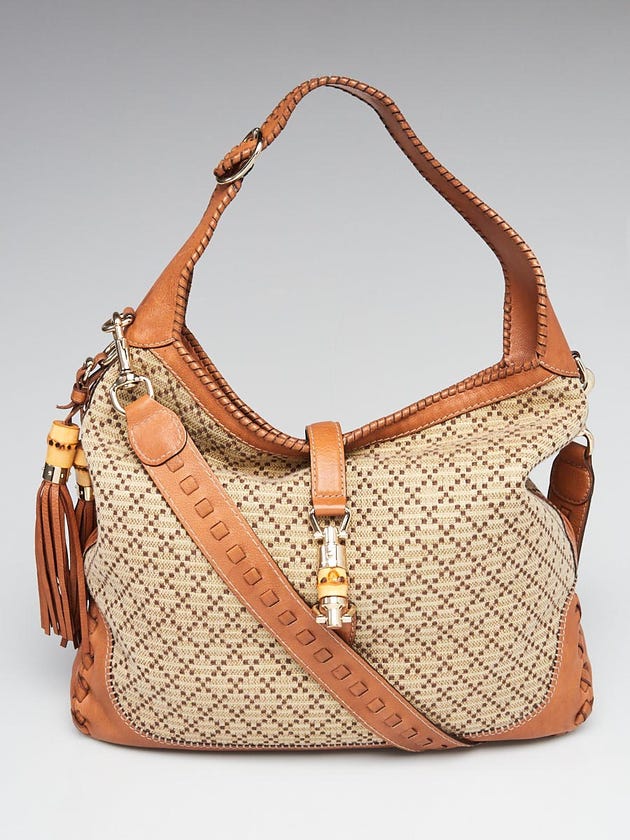 Gucci Beige/Brown Diamante Canvas Bamboo New Jackie Large Shoulder Bag