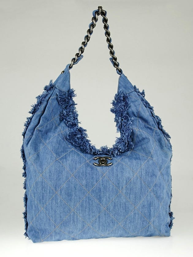 Chanel Light Blue Quilted Denim Chain Hobo Bag