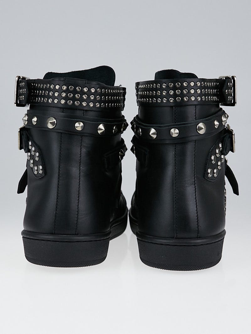 Yves Saint Laurent Black Leather Studded Triple Buckle High Top