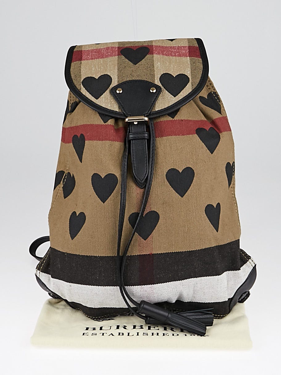 Burberry Black Leather Canvas Check Heart Print Backpack Bag - Yoogi's  Closet