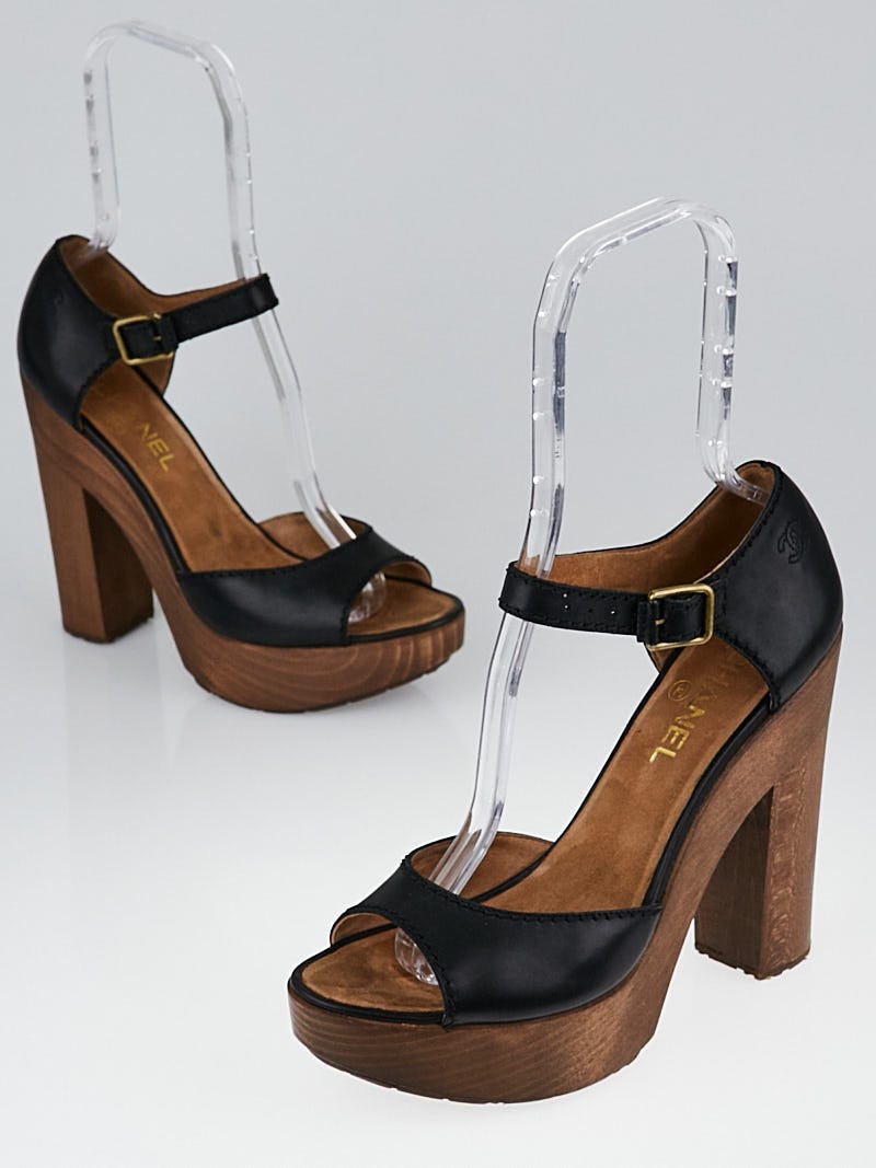 Chanel Black Leather and Wood Platform Sandals Size 8.5/39 - Yoogi's Closet
