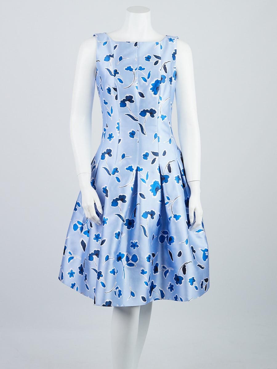 Oscar de la Renta Blue Floral Print Silk/Cotton Sleeveless Dress Size 4/38  - Yoogi's Closet