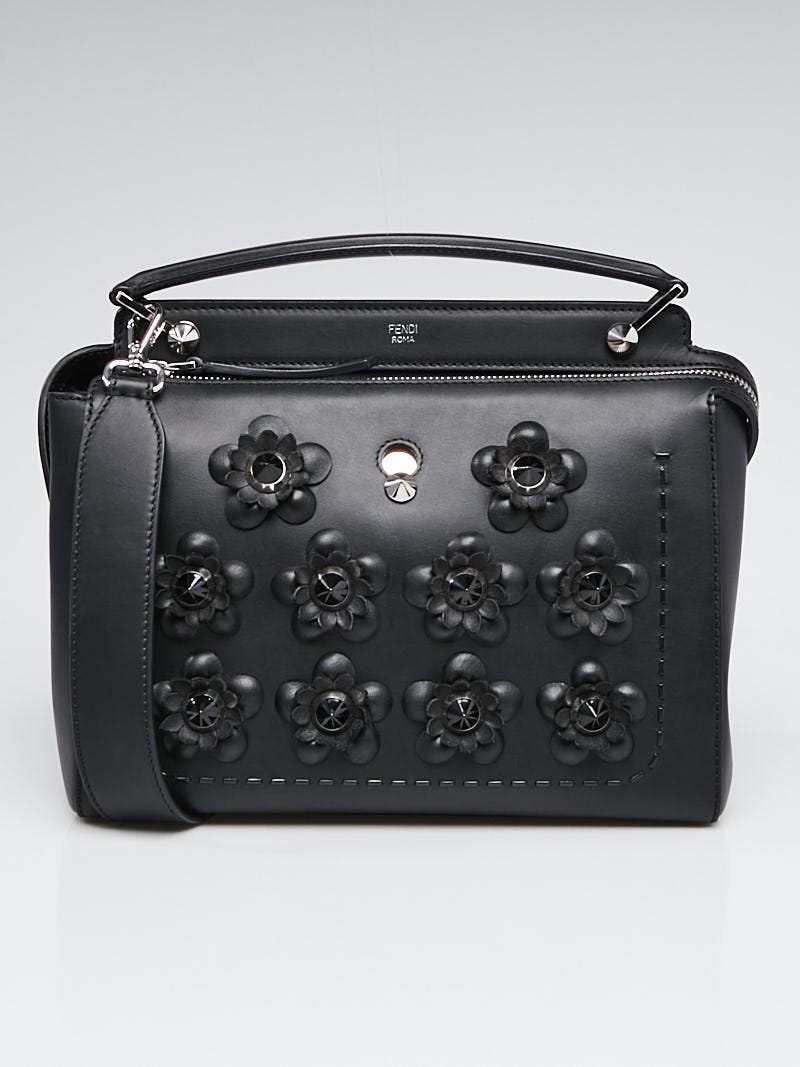 Fendi Black Leather Floral-Studded Dotcom Satchel Bag