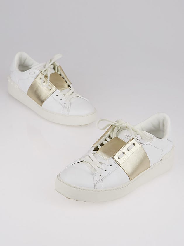 Valentino Platinum and White Leather Open Band Sneaker Size 7.5/38